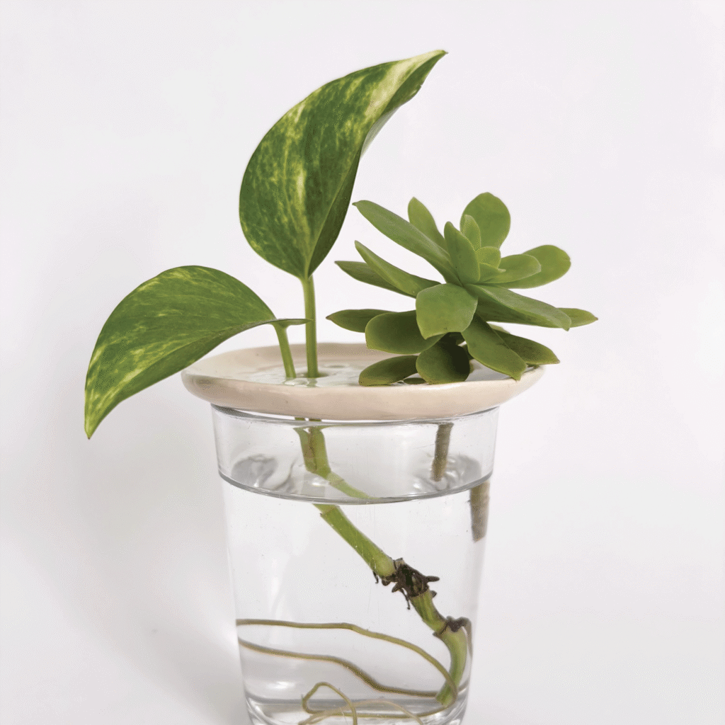 Bobèche en céramique posée sur un verre d’eau, maintenant une tige de plante verte